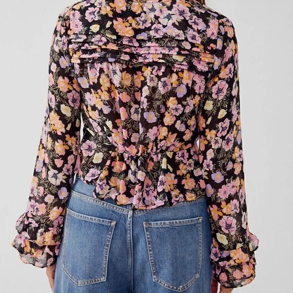 NWT Free People Maybel Top Sheer Floral Plunge V Neck Ruffled Cuff Bell Sleeves - Picture 5 of 11
